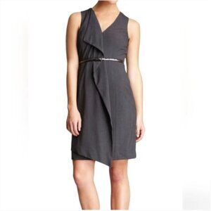 CALVIN KLEIN Grey Sheath Dress Ruffle Front NWT 4 No Belt Sleeveless V Neck Gray